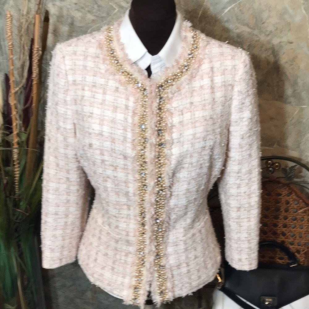 Neiman Marcus 🌹 stunning suit jacket coat blazer pastel jeweled tweed fringe